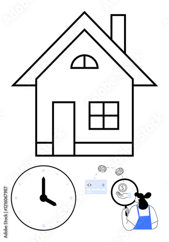 House icon above a clock, credit card with coins, and person analyzing money suggests time and financial management. Ideal for home budgeting, personal finance, saving, loans, investment, time