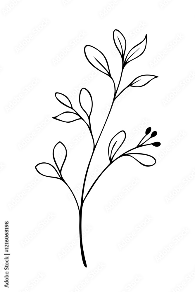 Fototapeta premium Trendy floral branch and minimalist flowers for logo or decorations. Hand drawn line wedding herb, elegant leaves for invitation save the date card. Botanical rustic trendy greenery