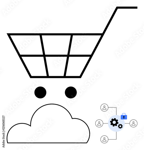 Shopping cart above cloud storage and connected user network with a security icon. Ideal for online shopping, cloud computing, cybersecurity, e-commerce, digital transactions, network security, data