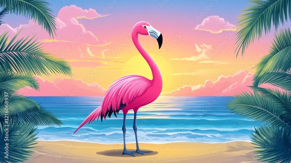 Fototapeta premium Pink flamingo standing on a beach at sunset, oil dripping from its body