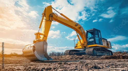 A Bright Yellow Excavator Stands Tall Against a Blue Sky Ready to Work