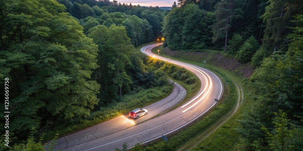 Fototapeta premium Serpentine Road Through Lush Forest at Dusk with a Single Vehicle