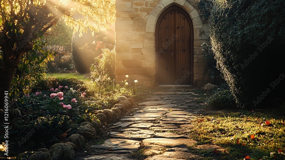 Obraz premium Sunlit stone path leading to a church doorway.