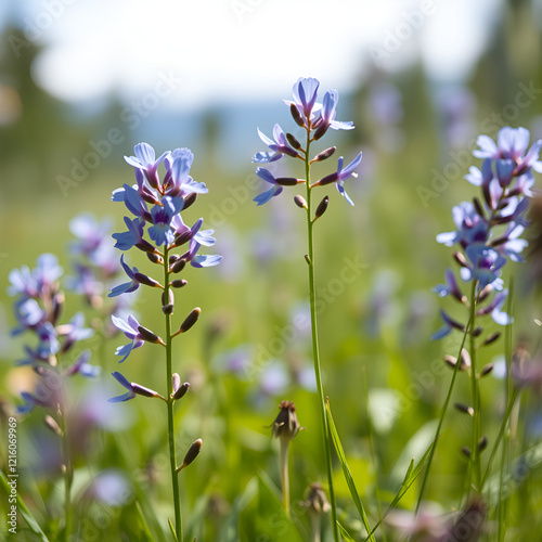 Chyna vernalis or Lathyrus vernus blooms luxuriantly in a meadow with bright blue and purple flowers, selective focus photo