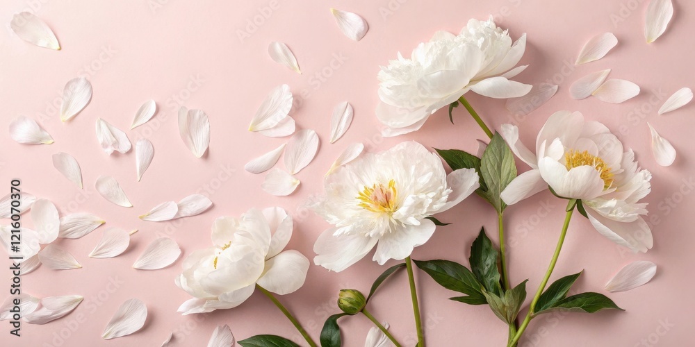 Delicate White Peonies and Petals Arranged on a Soft Pink Background Delicate White Peonies and Petals Arranged on a Soft Pink Background