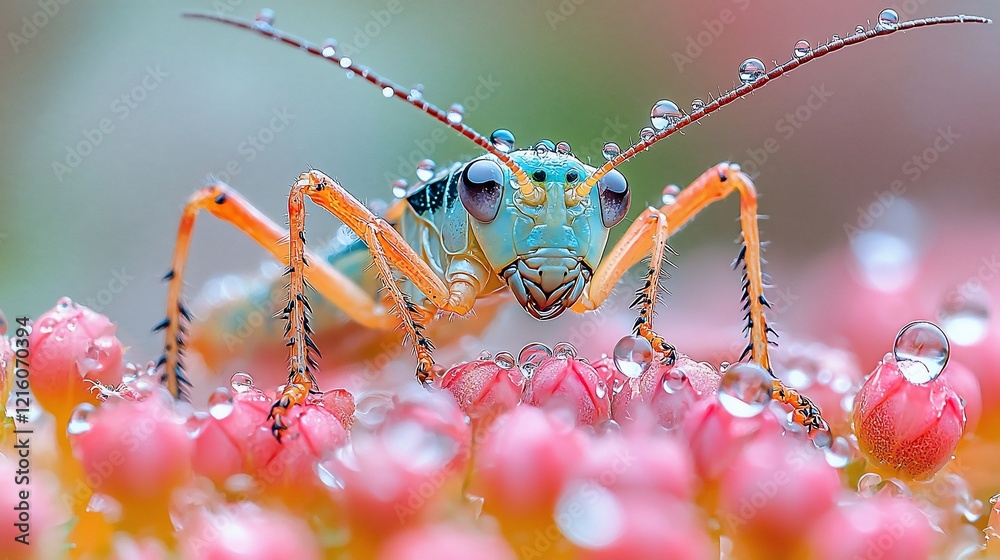 Fototapeta premium Vibrant Dew-Kissed Insect on Pink Blossoms