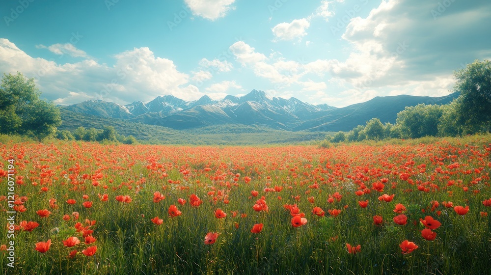 Poppies blooming in mountain meadow, sunny day Poppies blooming in mountain meadow, sunny day