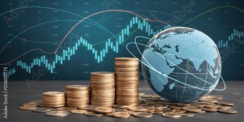 Global Financial Growth  Stacks of Coins Ascending Against a Background of Market Trends and a Illuminated Globe