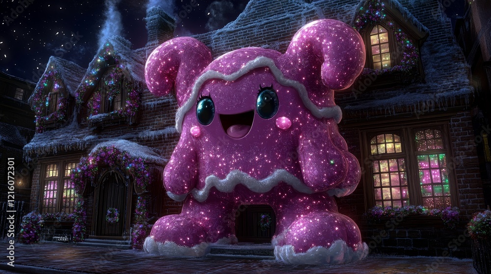 Festive Pink Glitter Monster in a Snowy Christmas Village Setting Festive Pink Glitter Monster in a Snowy Christmas Village Setting