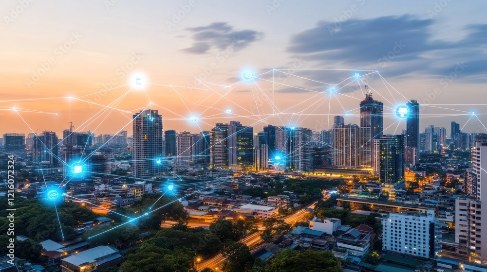 Fototapeta premium Smart Cityscape: A Connected Urban Network at Sunset