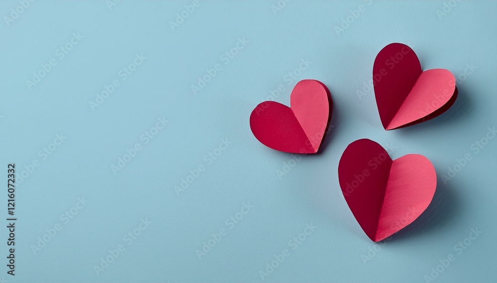 Red paper folded hearts on blue background, Valentine's day Red paper folded hearts on blue background, Valentine's day