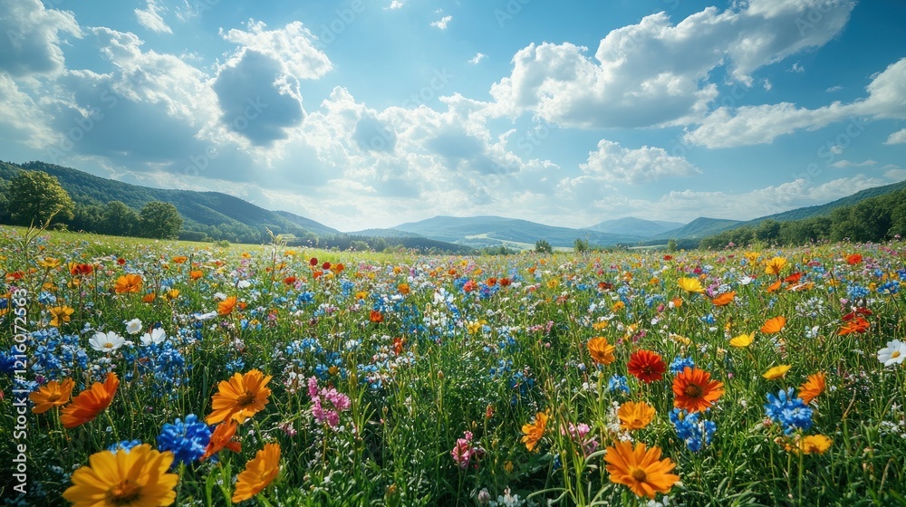 Sunny meadow wildflowers, mountain backdrop, summer Sunny meadow wildflowers, mountain backdrop, summer
