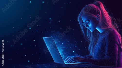 Hipster girl researching on a laptop at a coffee shop. Freelance lifestyle depicted with low poly wireframes on a modern dark blue background, copy space included. photo