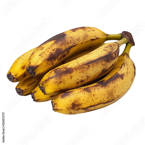 A bunch of ripe bananas with brown spots, ready for consumption or cooking.