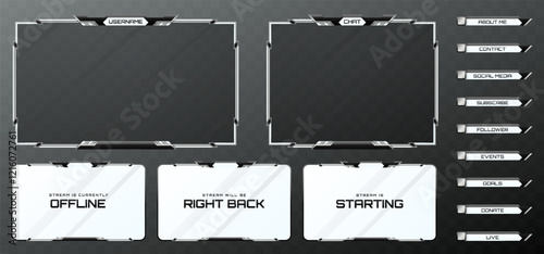 Futuristic Stream Overlay with Webcam Frame, Alerts, and GUI Panels in Metallic Black, Silver, and White for Gaming and Live Streaming
