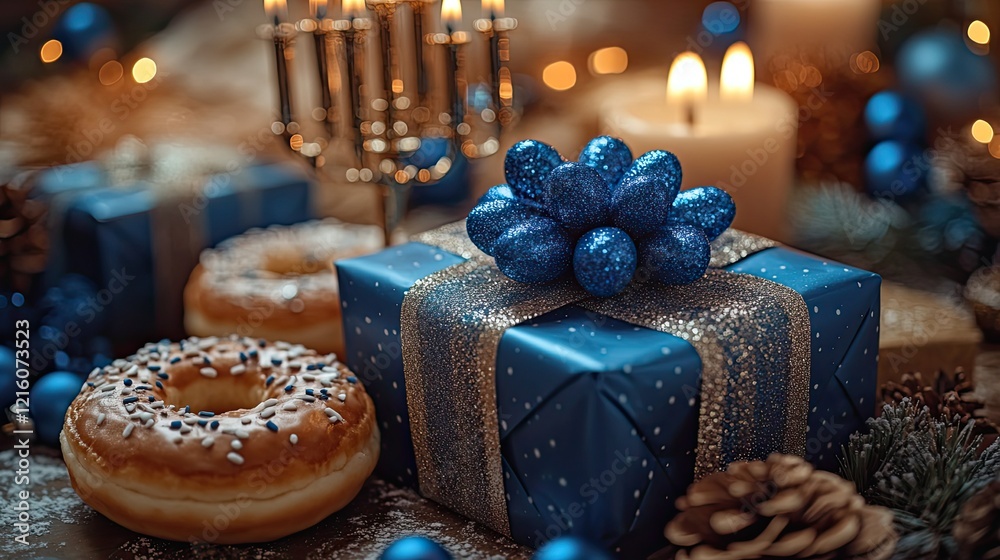 A festive Hanukkah scene featuring blue gifts, dreidels, a menorah, and a doughnut on a light background, perfect for celebrating the Jewish holiday with warmth and joy