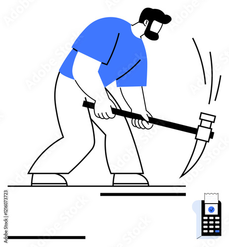 Worker striking the ground using a heavy hammer, with a receipt and payment terminal nearby. Ideal for labor, financial struggles, manual tasks, economic challenges, effort, persistence, abstract