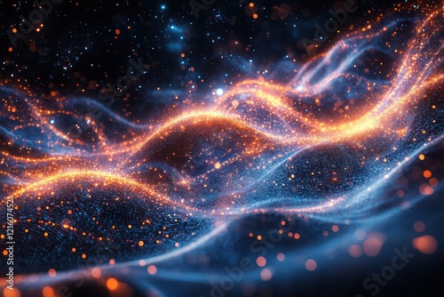 Abstract representation of a quantum field with dynamic and glowing particles and waves