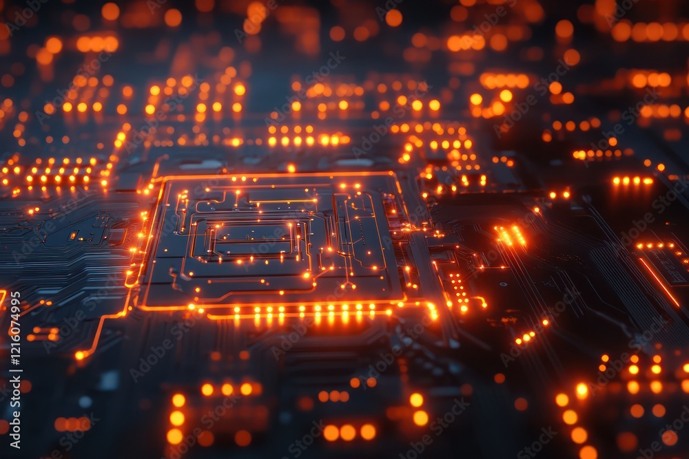 Abstract tech chip with illuminated nodes, representing contemporary look. Abstract tech chip with illuminated nodes, representing contemporary look.