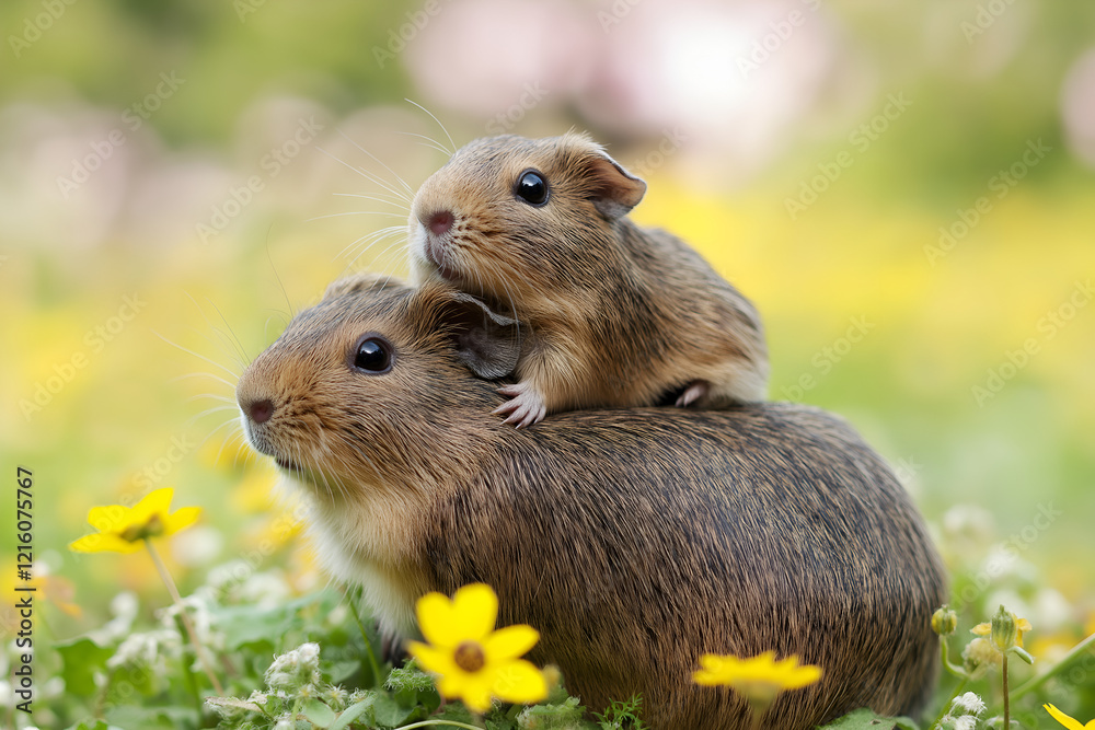 Little guinea pig baby sitting on it's mother back outdoors grass field. Little guinea pig baby sitting on it's mother back outdoors grass field.