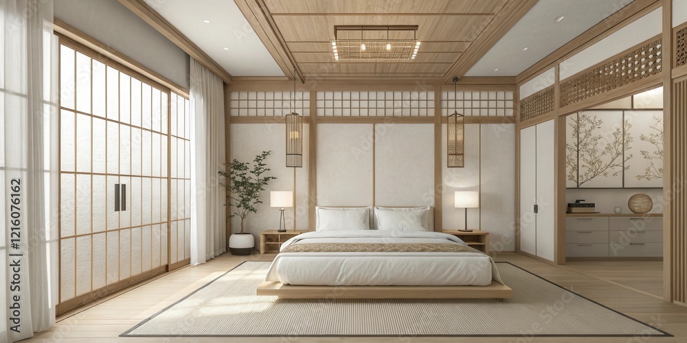Fototapeta premium Serene Minimalist Bedroom Design with Shoji Screens and Wood Accents