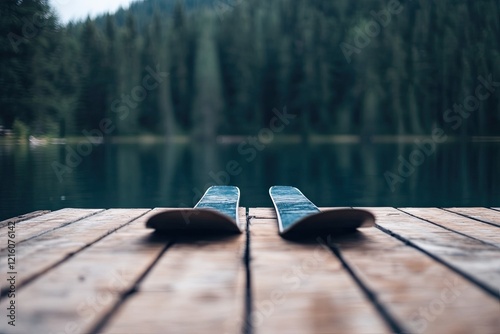 serene shot of water skis resting on dock textures vivid with lake and trees blurred in background photo