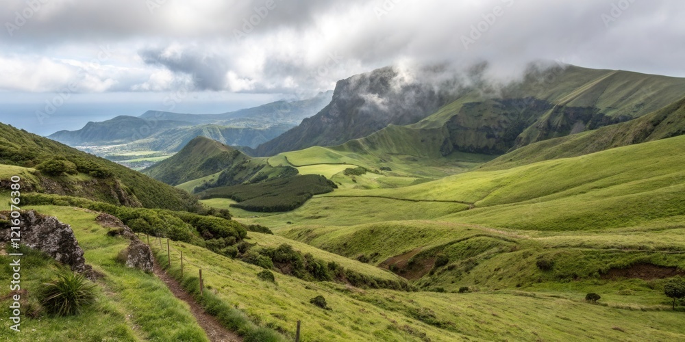 Rolling Green Hills Under a Cloudy Sky, a Scenic Pathway Leading Through Lush Meadows and Verdant Valleys Rolling Green Hills Under a Cloudy Sky, a Scenic Pathway Leading Through Lush Meadows and Verdant Valleys