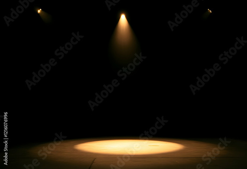 dark stage, dramatic spotlight, golden light beam, circular illumination, empty performance space, theatrical lighting, black background, minimalist scene, focus point, anticipation, shadows, contrast