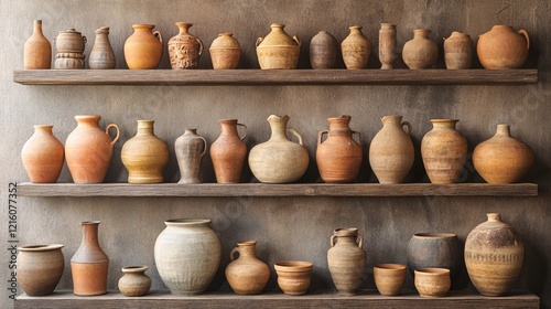 Rustic wooden shelves displaying a variety of textured clay pots
