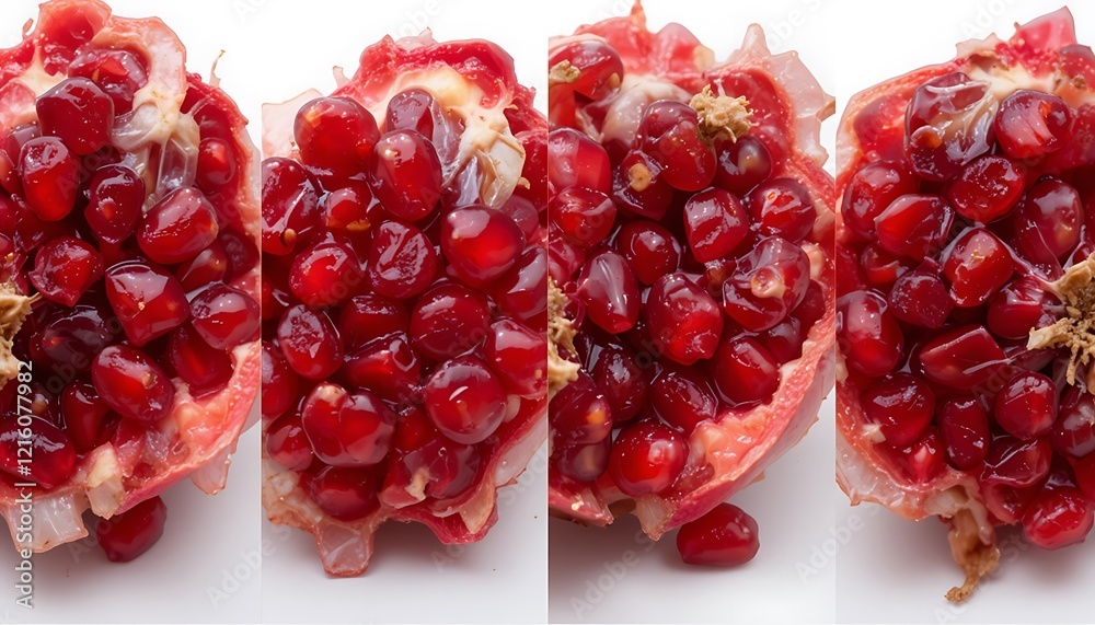Close-up view of four pomegranate halves showcasing vibrant red arils and juicy texture, perfect for recipes and healthy eating. Close-up view of four pomegranate halves showcasing vibrant red arils and juicy texture, perfect for recipes and healthy eating.