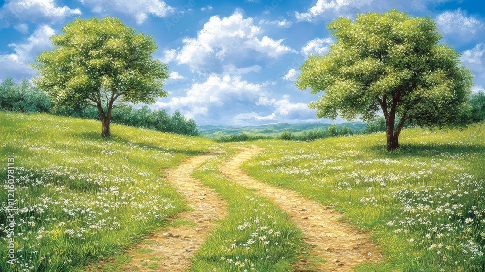 Serene Spring Meadow with Forking Path and Lush Greenery under a Blue Sky Serene Spring Meadow with Forking Path and Lush Greenery under a Blue Sky