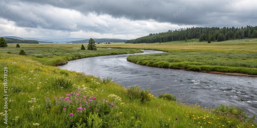 Serene River Winding Through a Lush Meadow Under a Cloudy Sky Serene River Winding Through a Lush Meadow Under a Cloudy Sky