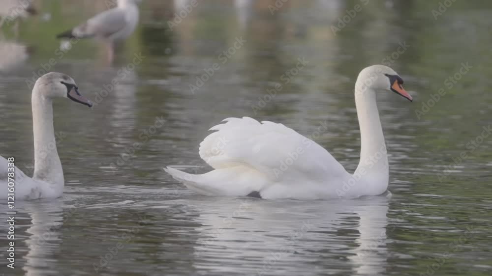 Slow motion pond scenery, swans floating across water Slow motion pond scenery, swans floating across water