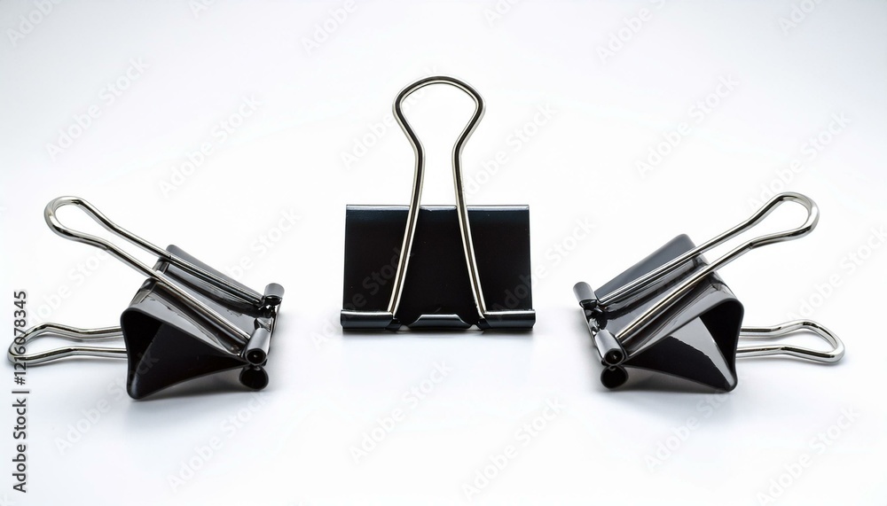 Three black binder clips on a white background. Three black binder clips on a white background.