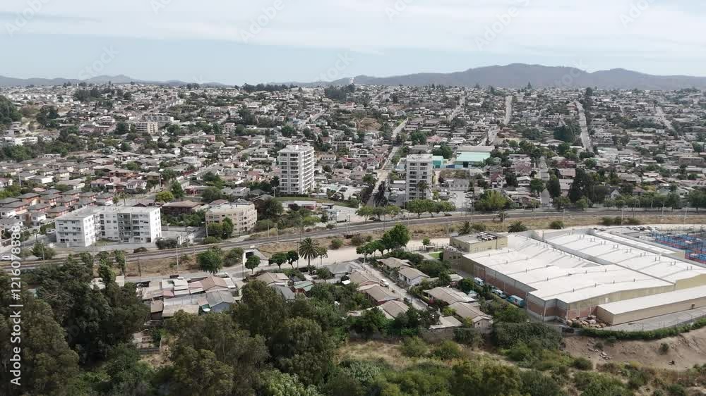 Quilpué city, chile, with lush greenery and urban landscape contrast, aerial view