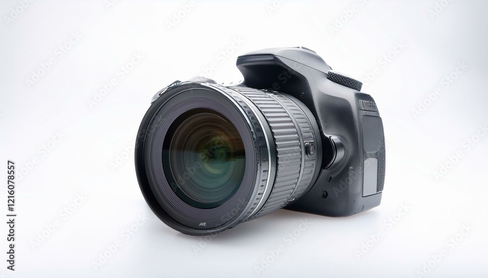 Sleek black DSLR camera with a large lens, ready for action. Sleek black DSLR camera with a large lens, ready for action.