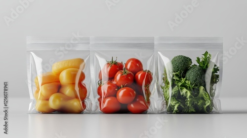 mock up frozen vegetables sachet packaging design, modern, neat, cut out. white background.