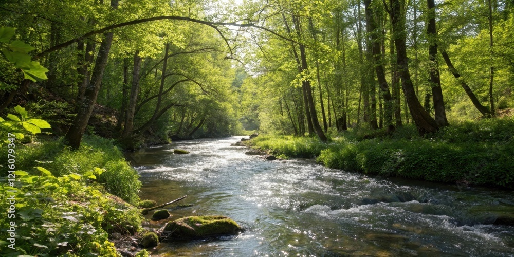 Sunlit River Flowing Through Lush Green Forest Canopy Sunlit River Flowing Through Lush Green Forest Canopy