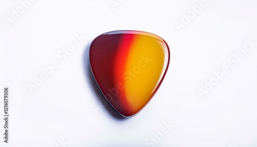 Red and gold guitar pick on white background.