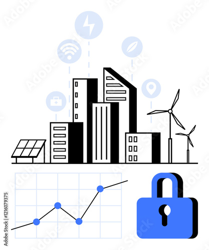 Skyline with solar panels, wind turbines, and icons for energy and data. Includes chart and lock for security. Ideal for smart city tech, renewable energy, data, security, innovation urban planning
