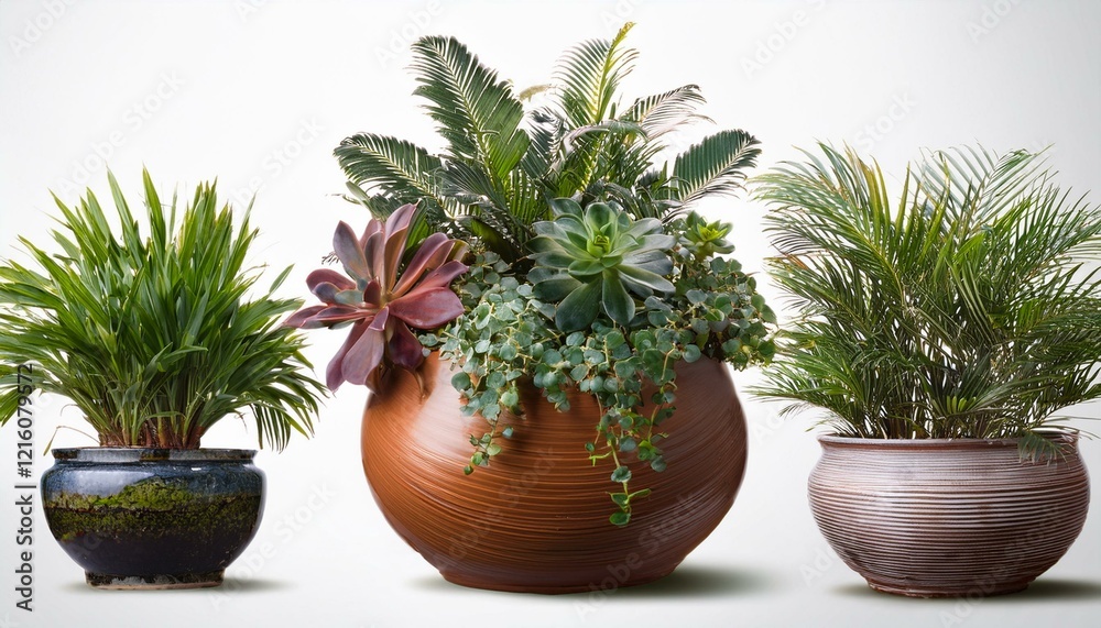 Fototapeta premium Collection of beautiful plants in ceramic pots isolated on white background green interior
