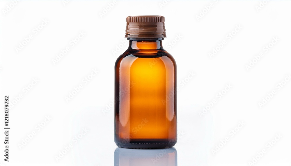 Amber glass bottle with brown cap on white background. Amber glass bottle with brown cap on white background.