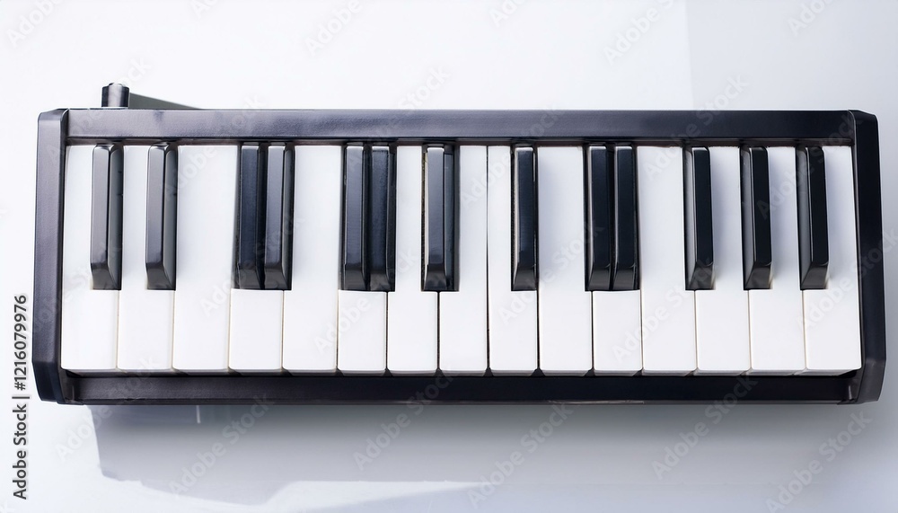 Fototapeta premium Atop a white surface, a small keyboard rests.