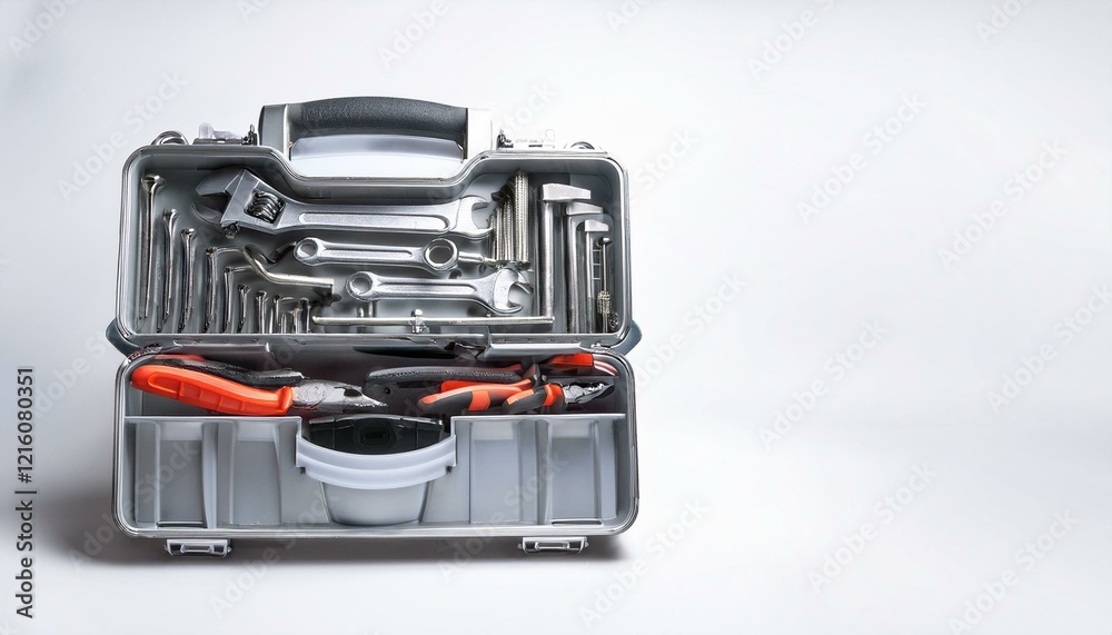 A well-organized toolbox filled with various hand tools. A well-organized toolbox filled with various hand tools.