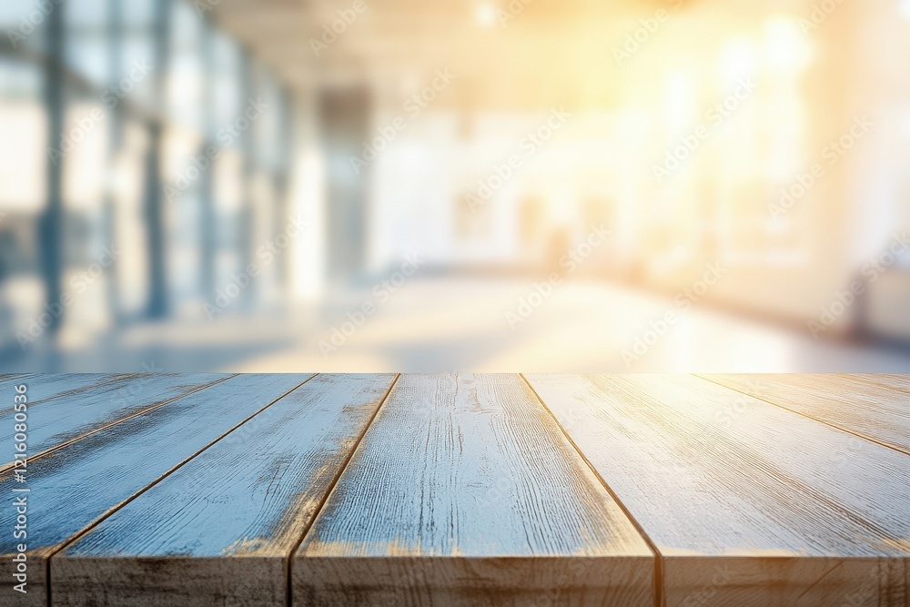 Rustic wooden table, sunlit office background, product display Rustic wooden table, sunlit office background, product display