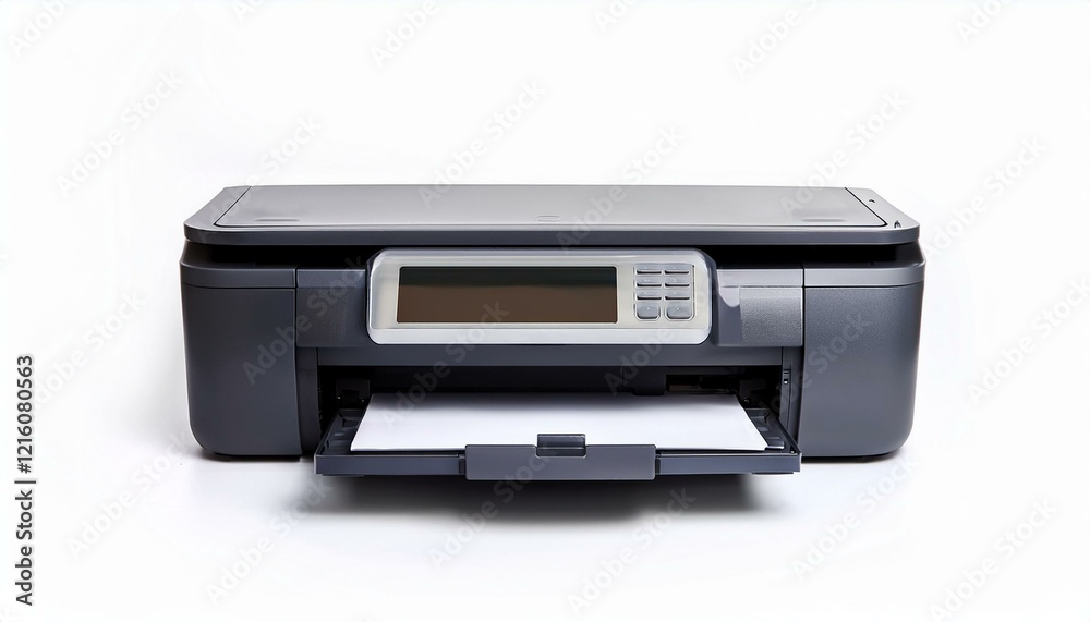 A sleek, dark gray multifunction printer sits ready on a white background. A sleek, dark gray multifunction printer sits ready on a white background.