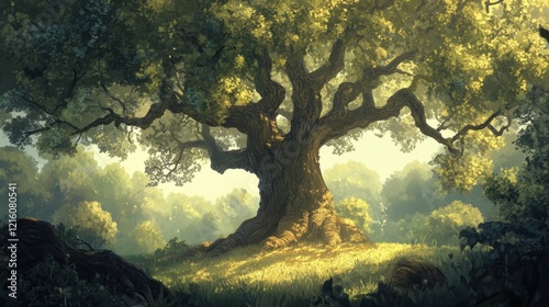 Majestic Ancient Oak Tree in Sunlit Forest Landscape Digital Painting