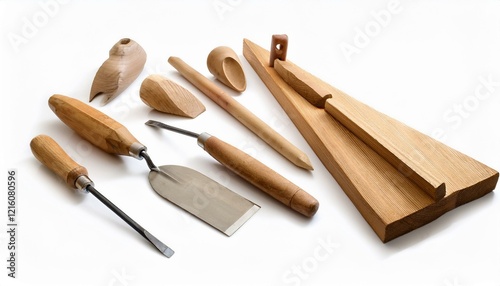 Wooden carving tools and unfinished wooden pieces. photo