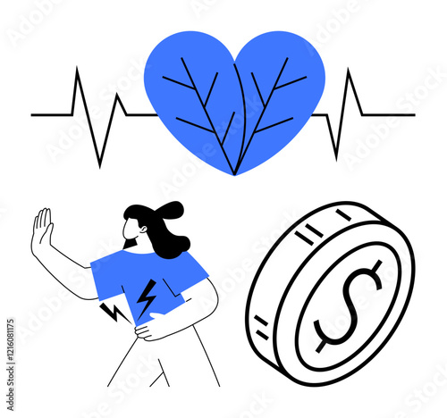 Blue eco-heart with veins, a heartbeat line, a running woman in fitness wear, and a coin. Ideal for wellness, sustainability, fitness, finance, eco-health healthy habits abstract line flat metaphor