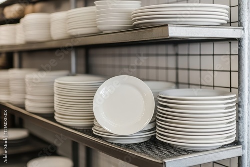 Restaurant kitchen; stacked white plates on shelves photo